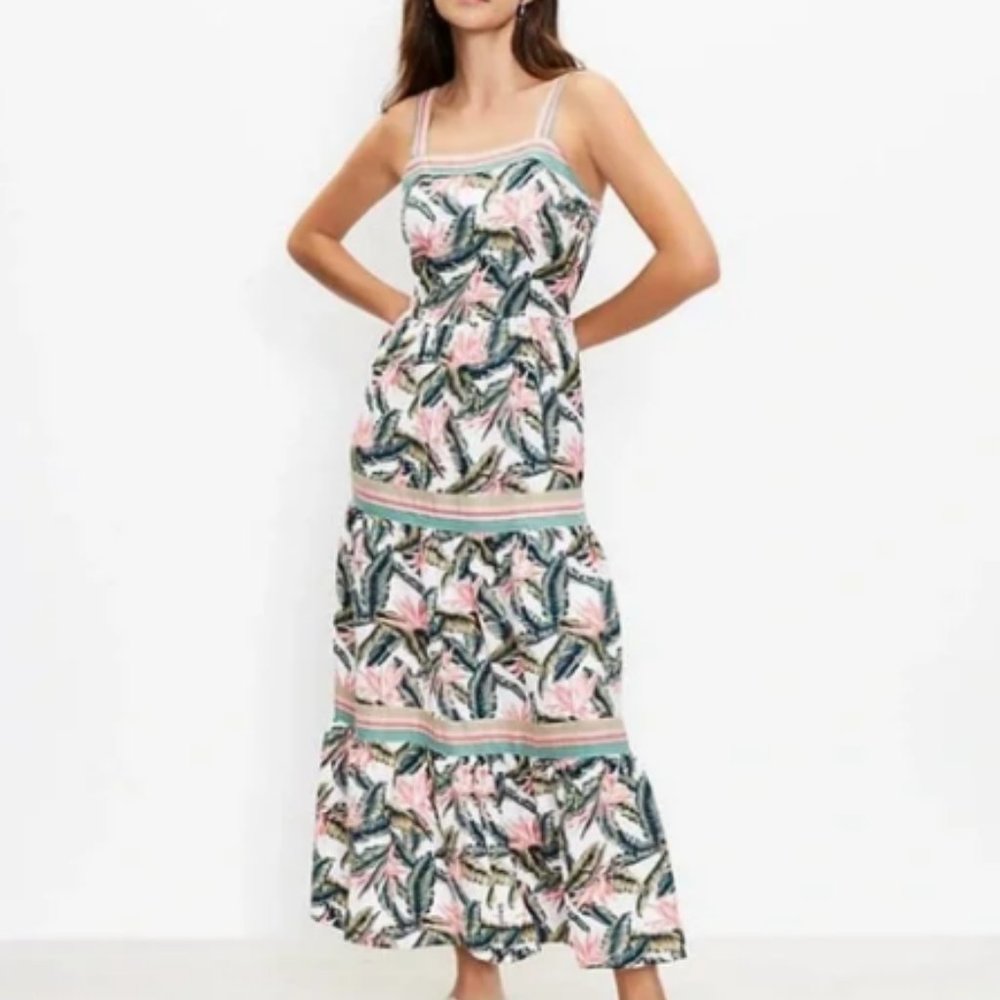 NWT LOFT Paradise Tiered Maxi Dress Green Pink Floral Palm Leaf  Size 14